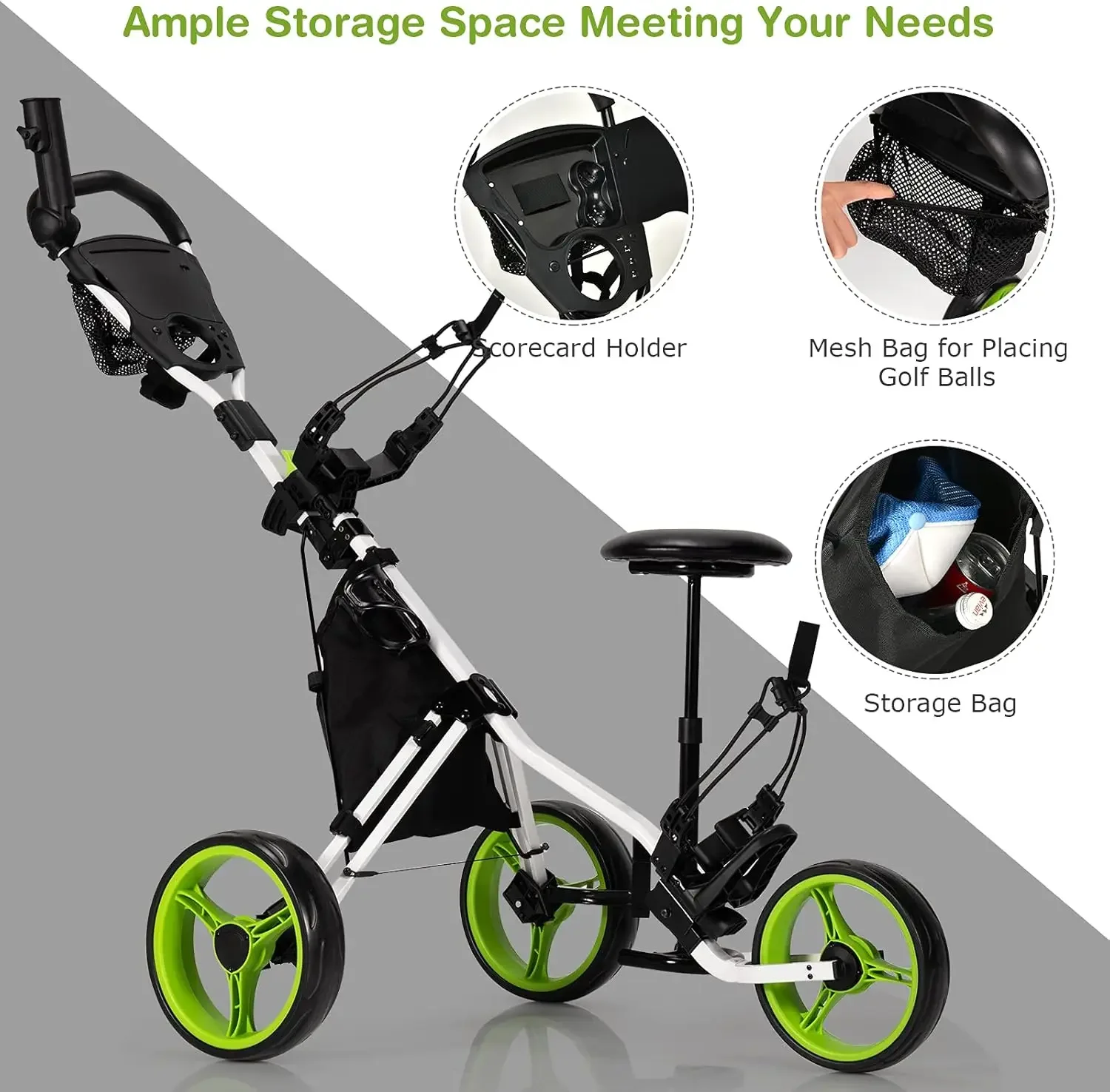 Golf Push Cart, Foldable 3-Wheel Height Adjustable Lightweight Golf Caddy Cart with Umbrella Holder, Hydraulic Seat, Storage Bag