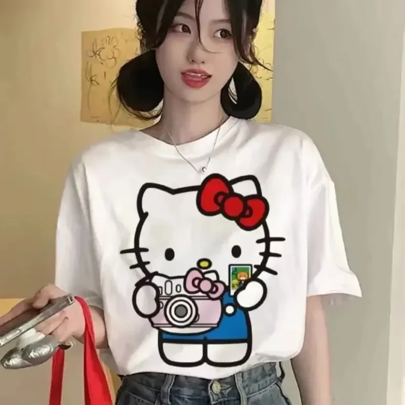 Kawaii Hello Kitty Y2K Corea camisetas de algodón Anime lindo verano suelto mujer pareja moda suelta cómoda Camiseta de algodón Tops