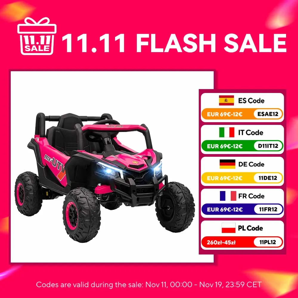 Voiture électrique pour enfants Utv 12V avec télécommande 2 moteurs, vitesse 2,4g jusqu'à 7 Km/H, système de suspension rose