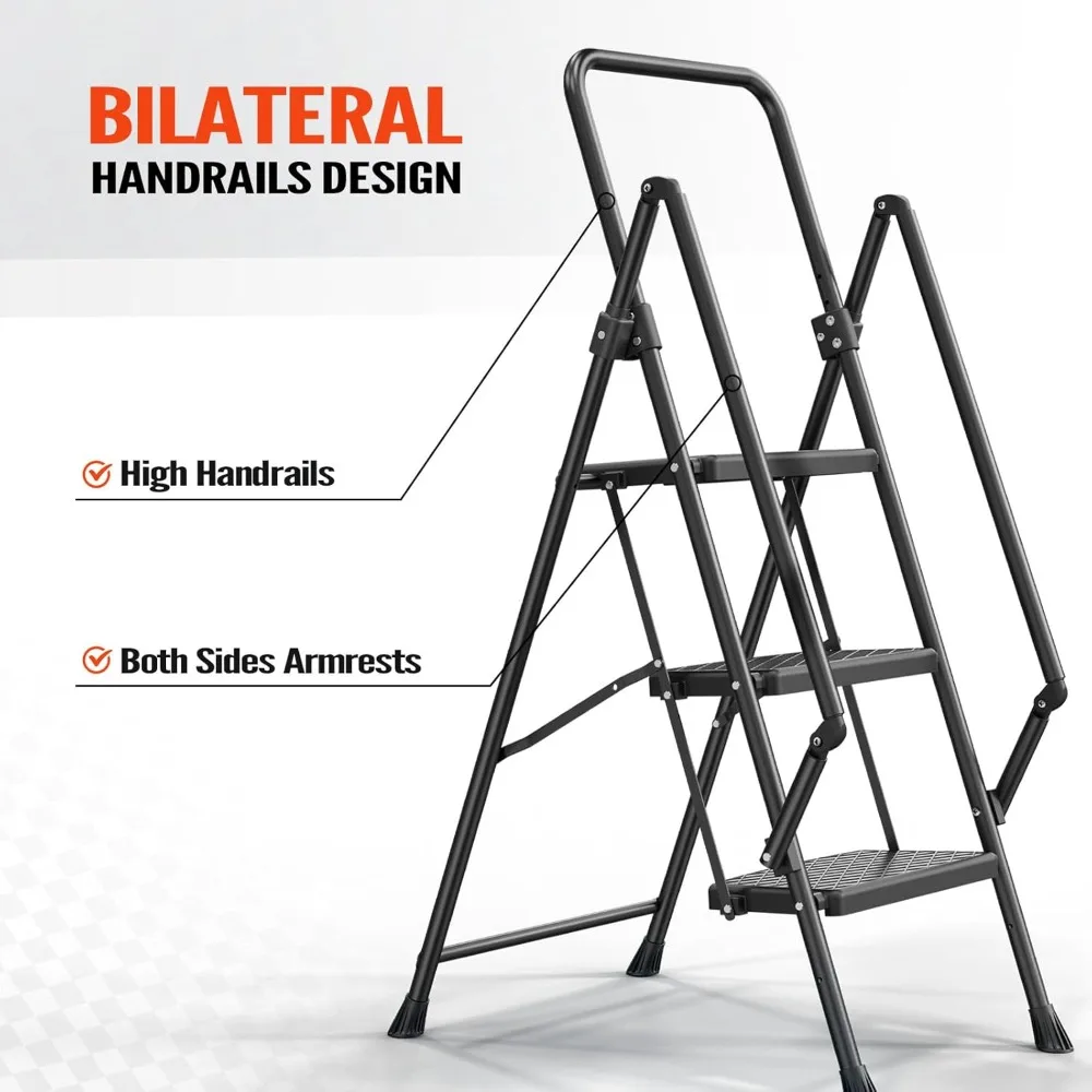 folding 3-step ladder with wide anti-slip treads and handrails, 500lbs capacity