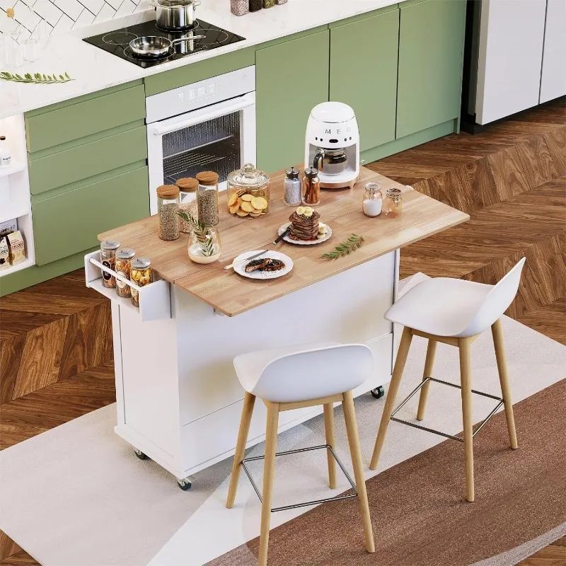 

Rolling Kitchen Island on Wheels with Drop-Leaf, Mobile Kitchen Island Cart with 3 Drawers Storage Cabinet, Wood Countertop