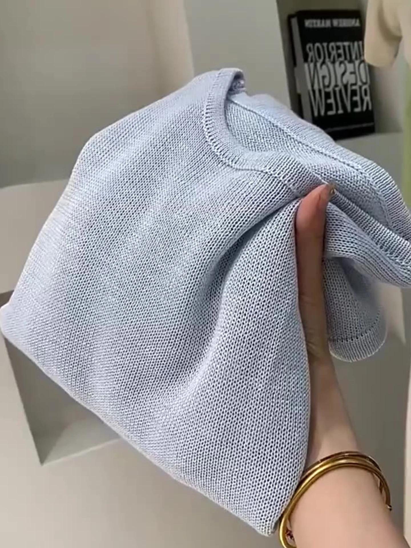 

Blue Linen Ice Silk Knitted Top Thin Long Sve Summer Sun Protection Outerwear T-irt Korean Sle Loose Fit round Ne