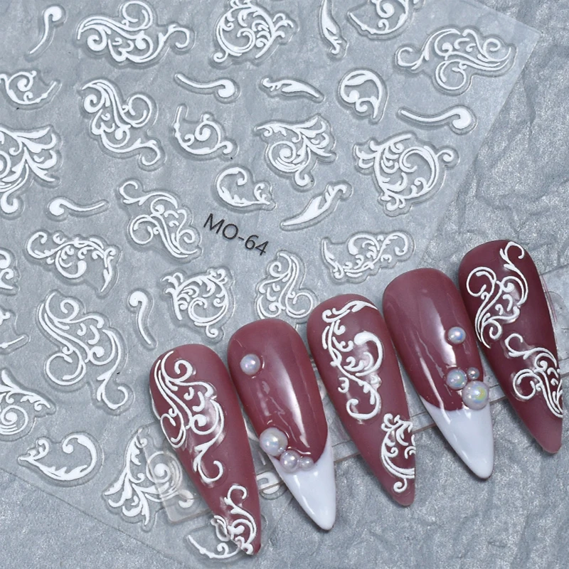 

5D Embossed Nail Art Decals Full Tips White Laces Totems Designs Adhesive Sliders Nails Stickers Decorations For Manicure