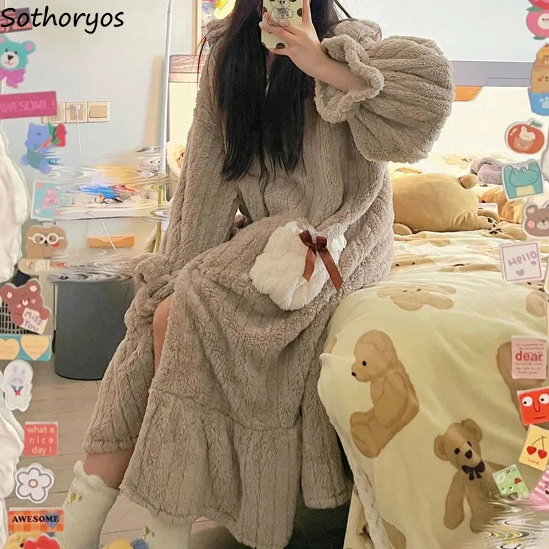 

Hooded Winter Robes Women Warm Sleepwear Gentle Home Tender Comfort All-match Ulzzang Girlish Pockets Aesthetic Plus-velvet Chic