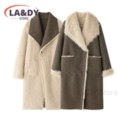 Manteau en fausse fourrure pour femme, revers adt, manches longues, décontracté des deux côtés à porter, long, extérieur, mode, automne, hiver, 2024