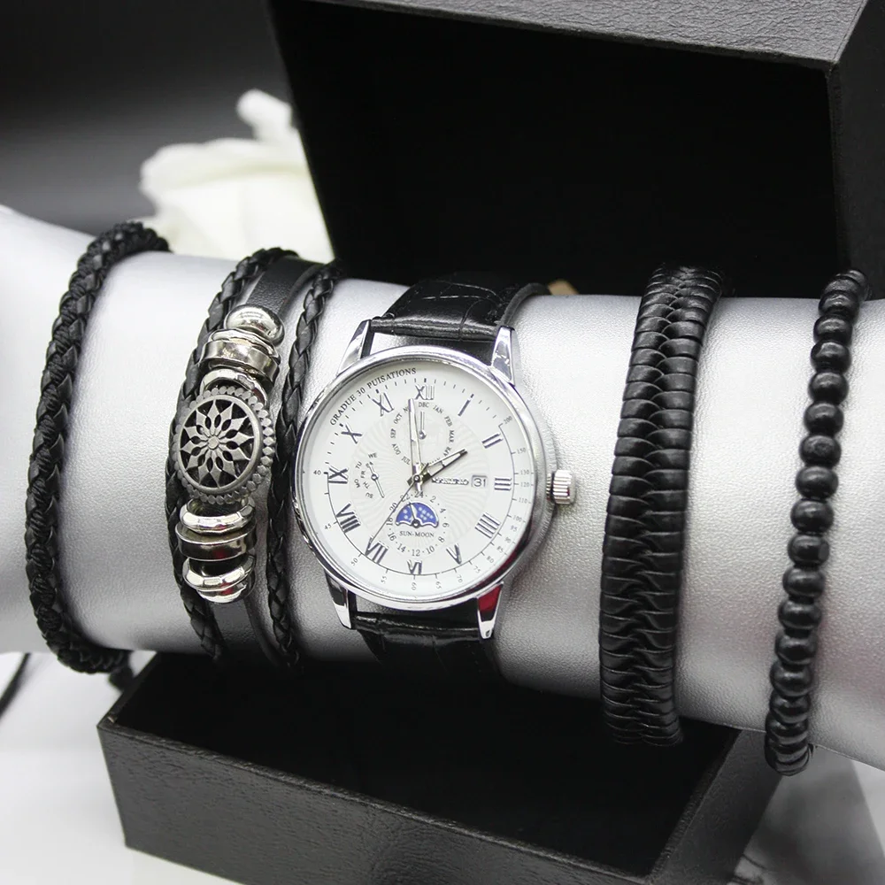 นาฬิกาหรูหราชุด5ชิ้นสำหรับผู้ชายกล่องสร้อยข้อมือคุณภาพสูงแนวโน้มแฟชั่นนาฬิกาควอตซ์สำหรับกิจกรรมทางธุรกิจของผู้ชาย