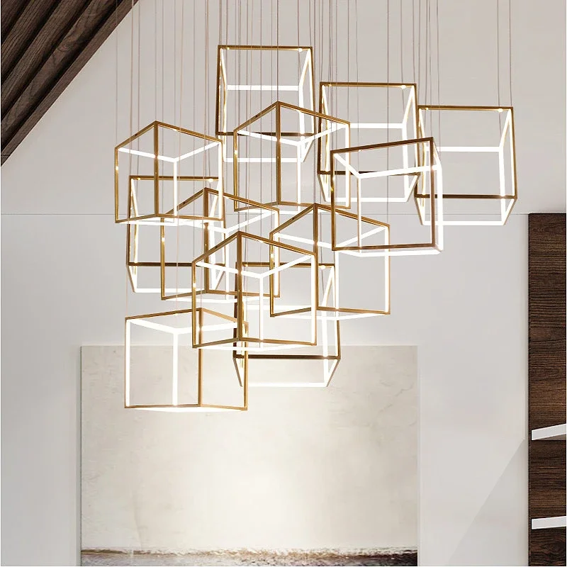 

Modern Cube Led Pendant Lights Living Dining Room Chandeliers Lighting Home Decor Stair Loft Hanging Lamp Duplex Lobby Luminaire