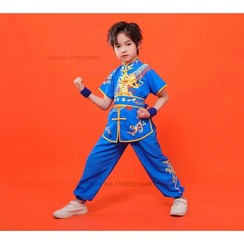 2025 ملابس الأطفال الصينية تاي تشي وشو بدلة فنون الدفاع عن النفس زي الكونغ فو الجناح تشون شاولين التنين طباعة خمر مجموعة الكونغفو