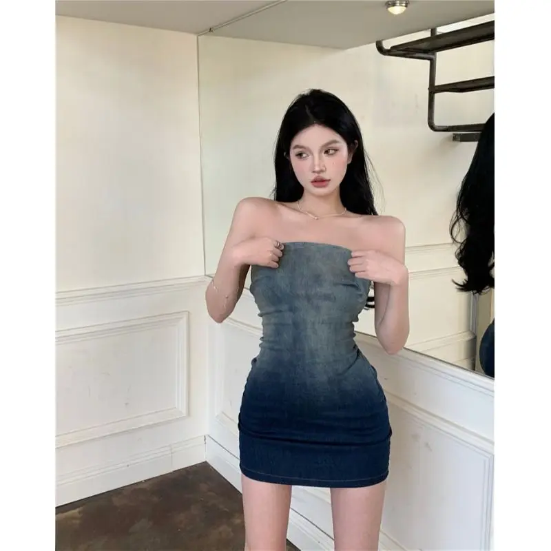 

2024 Summer Sweet and Spicy Fashion New Gradual Bra Denim Dress Women's Slim and Elegant Short Skirt