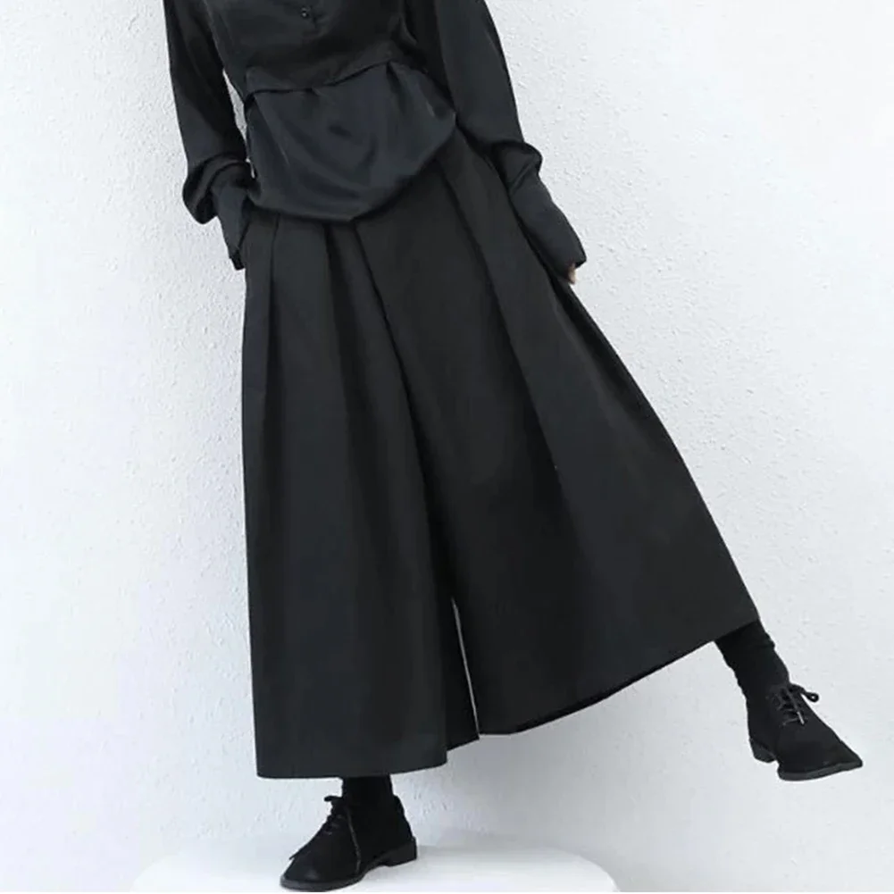 Mens Wide Leg Pants Gothic Dark Style Loose Cropped Hakama High Waisted Nine Point Straight Leg Pants For Samurai Pants