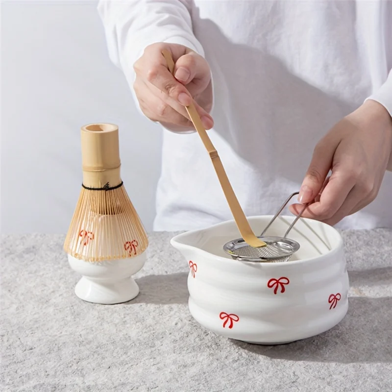 

AAAF 5 Pieces Of White Decal Matcha Set Set Includes Matcha Bowl, Matcha Mixer And Holder Bamboo Spoon, Sieve