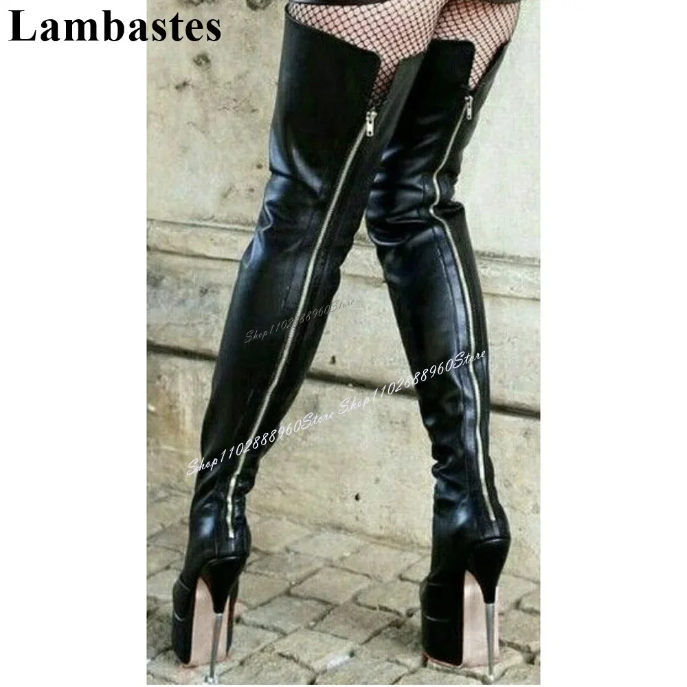 

Over The Knee Black Leather Platform Metal Heel Boots Thin High Heel Women Shoes Back Zipper Round Toe 2024 Zapatos Para Mujere