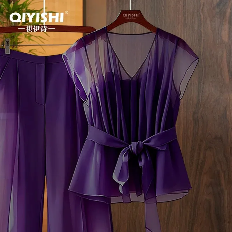 Women Summer Lightweight Purple Chiffon Set Short Sleeve Top + Wide Leg Pants 2 Pieces Set Fashion Causal Outfits