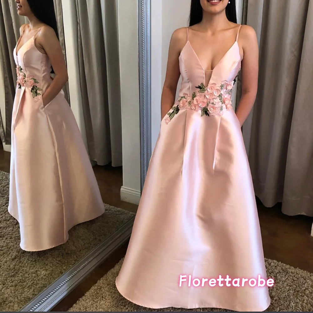 Customized Classic Satin A-Line V-Neck Prom Dress Spaghetti Straps 3D  Appliques Flowers Evening Dresses Sleeveless Party Gowns