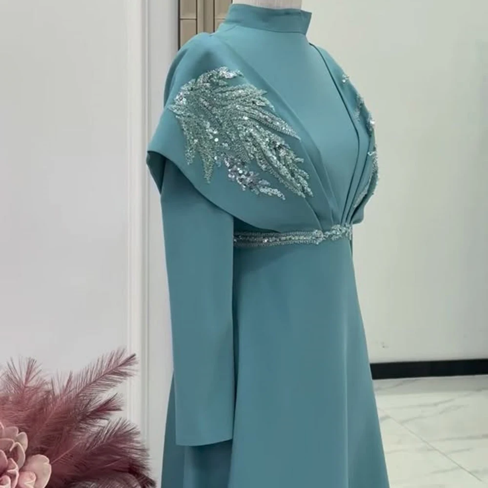 Customized A-line Evening Dresses Floor-length High-neck Full Sleeve Prom Gown Fashion Sequined Pleat Simple Draped Party Gown