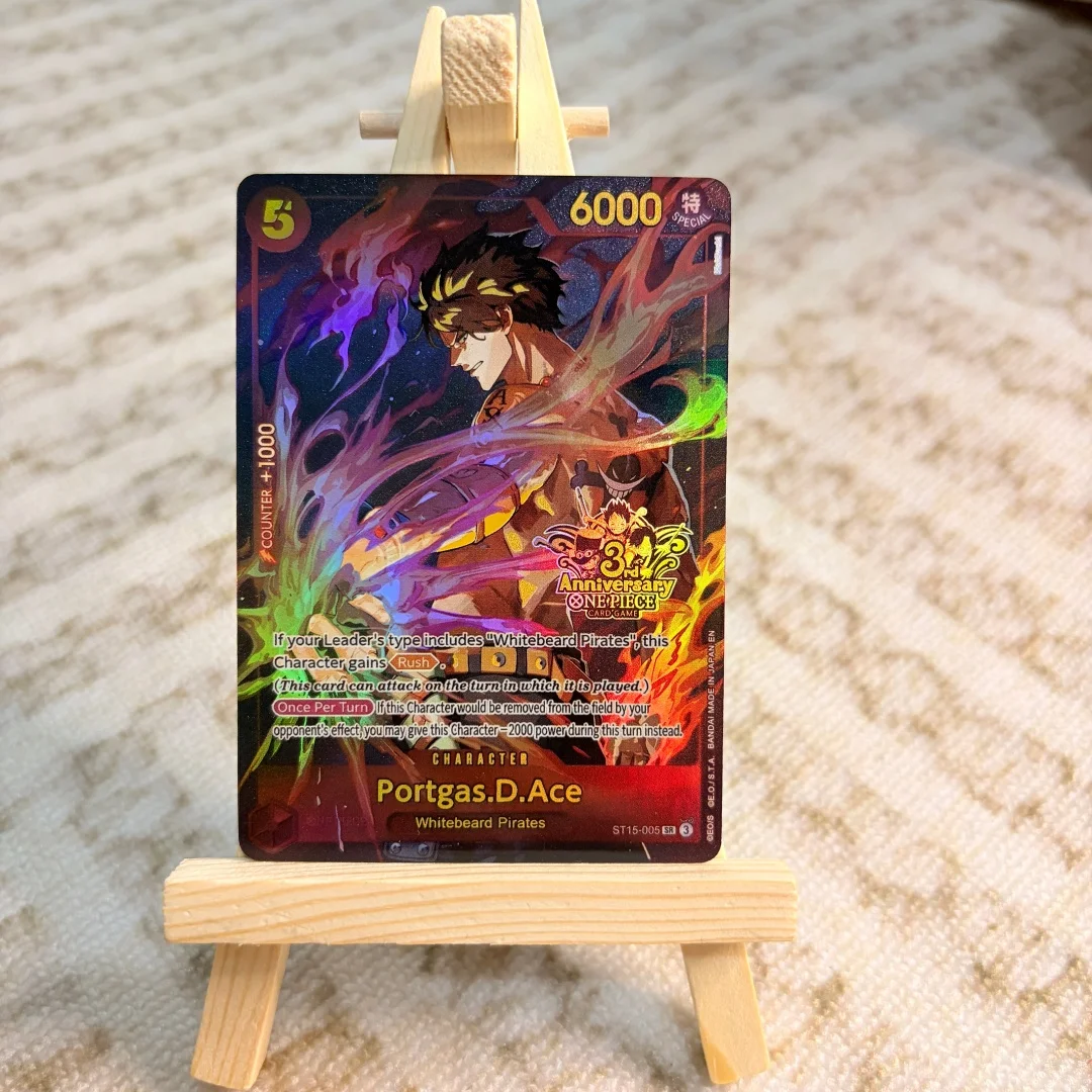 Tarjeta Coleccionable de Anime One Piece OPCG 3.º Aniversario Portgas D. Ace DIY SR Sparkling Flash Card ST15-005, Juguete de Regalo