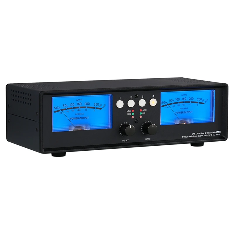 

Analog Dual VU Meter Sound Level DB Panel Display 4 Way Audio Splitter Switcher Box Music Spectrum Visualizer