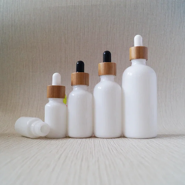 

eco-friendly cosmetic container Bamboo tops round white porcelain essential oil serum glass dropper pump spray bottles with caps