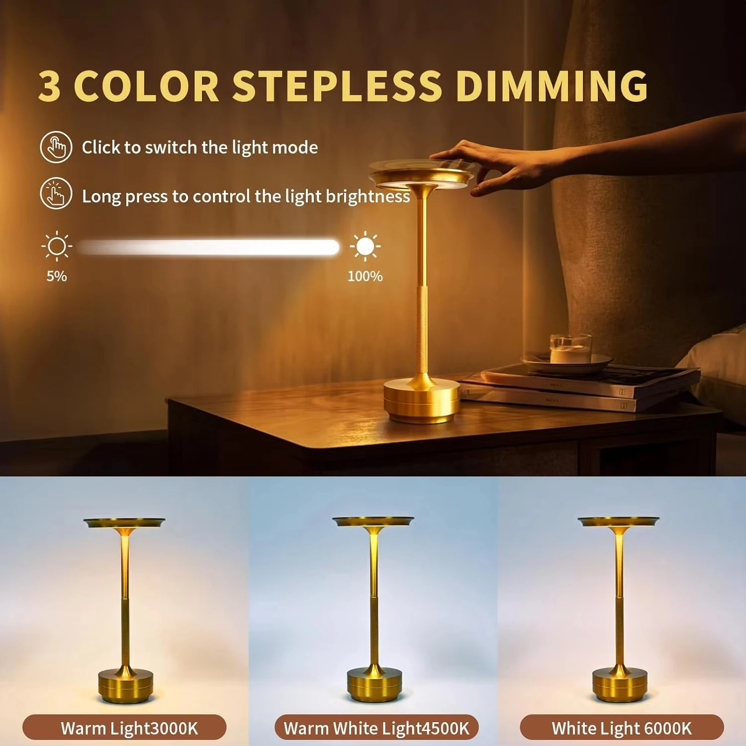 Aluminum Alloy Simple Decorative Lamp LED Night Light Infinitely Dimmable Atmosphere Retro Portable Rechargeable Touch Desk Lamp