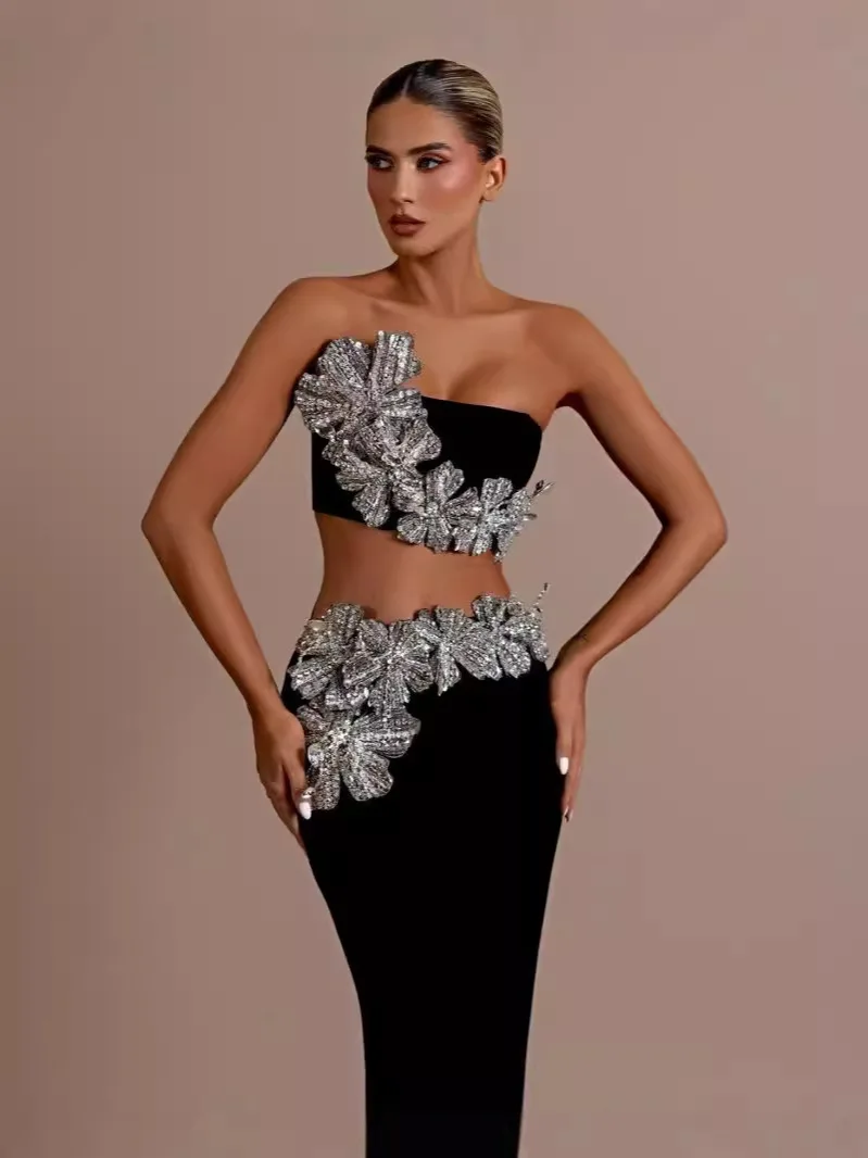 

Women's Super Flashing Rhinestone Flower Short Tube Top Hip-wrapped Back Slit Skirt Fashion Sexy Suit Evening Floor Dress