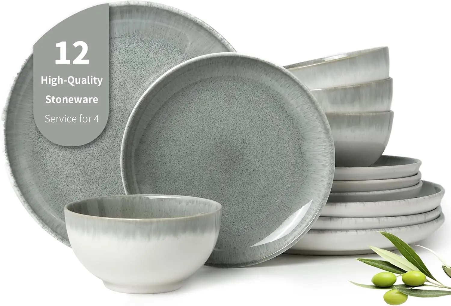 

Gradient Green Stoneware Dinnerware Set, 12-Piece Reactive Glaze Plates and Bowls for 4, Handmade Ceramic Round Dishes