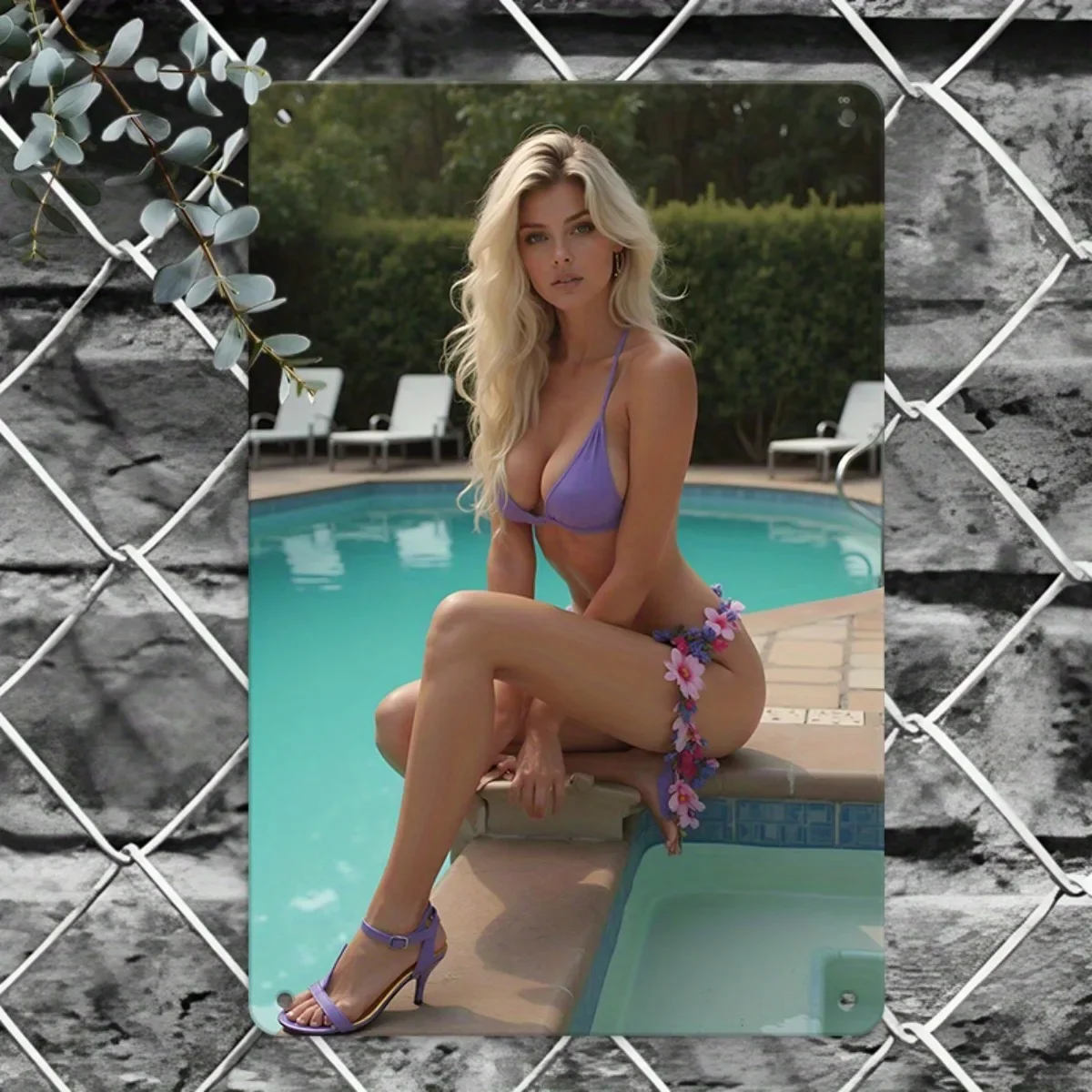 （2D Tin painting）HD Metal Tin Sign Gorgeous Blonde Woman in Purple Bikini with Floral Accents Posing by Poolside Vintage Wall