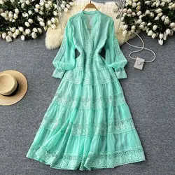 Summer Autumn Holiday Long Sleeve Midi Embroidery White Prom Dress Women Patchwork Lace A Line Hollow Out Vestidos Party BIG Hem