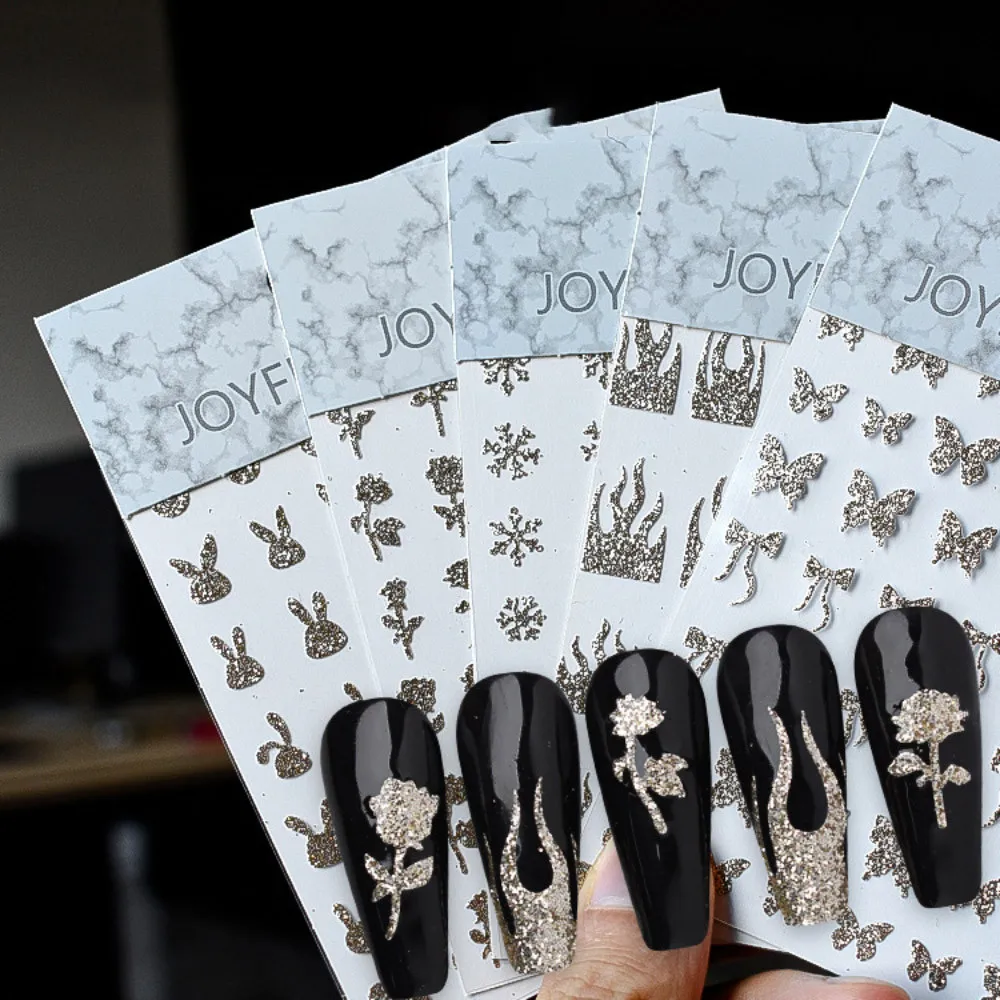 

New Champagne Gold Nail Art Stickers Butterfly Rose Rabbit Flame Snowflake Small Pattern Shiny Nail Decals Decoration