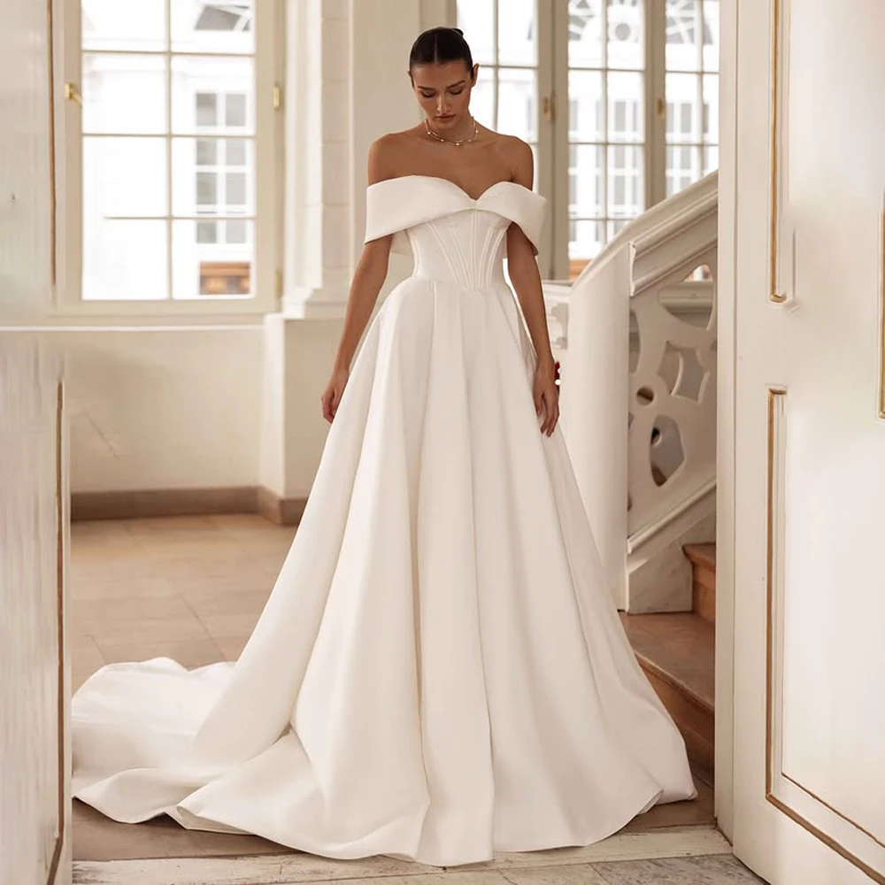 

Stunning Strapless Neckline Satin Wedding Gown Modest A Line Wedding Dress For Bride Customized Sweep Train Vestido De Noival