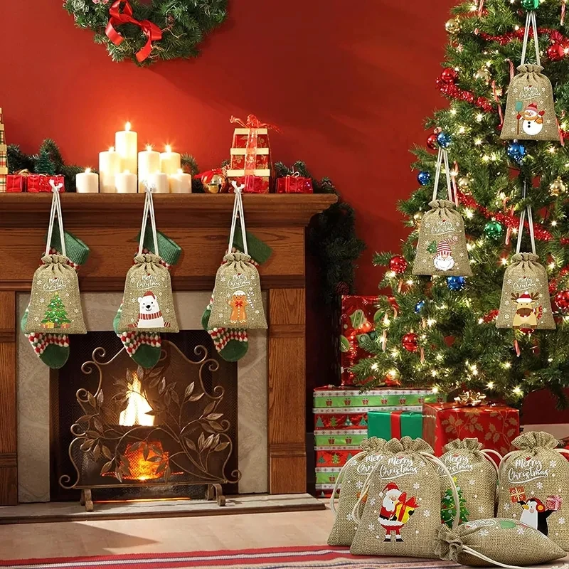 12Burlap Gift Wrapping bags 2023 Merry Xmas rustic Farmhouse home Fireplace Mantle Christmas tree decoration kid boy girl