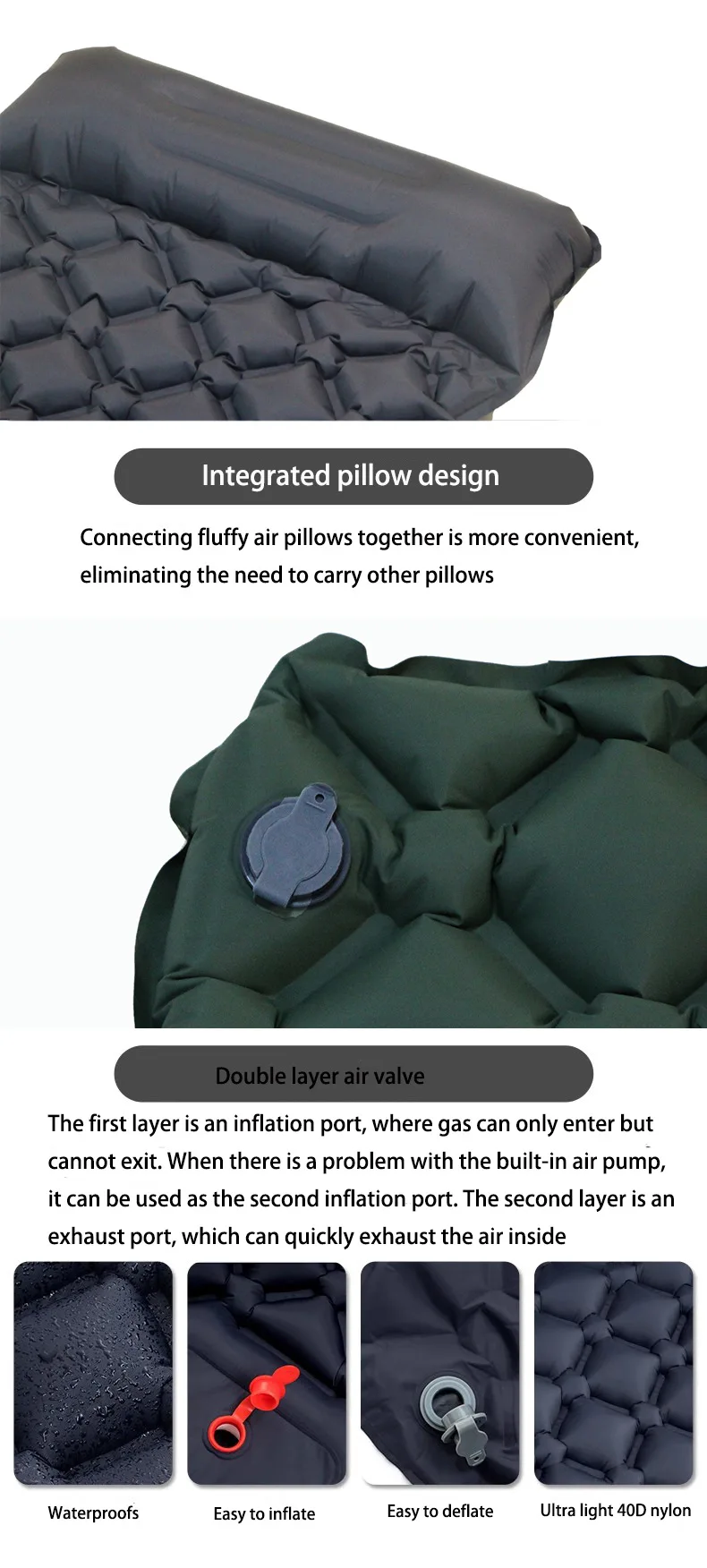 Outdoor Camping Inflatable Mattress Sleeping Pad With Pillows Ultralight Air Mat Built In Inflator Pump Hiking