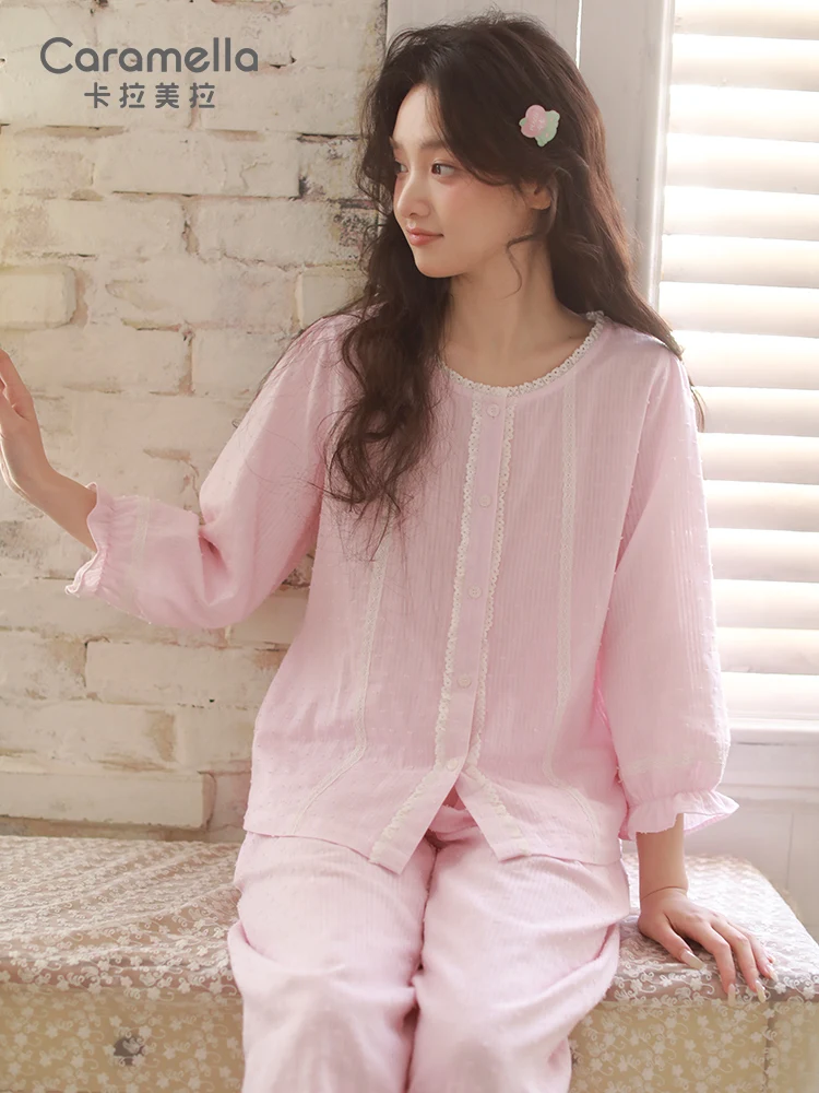 caramella-pure-cotton-lace-trim-sleepwear-set-women's-spring-summer-thin-home-clothes-outwear-comfortable-loose-fit-nightgown