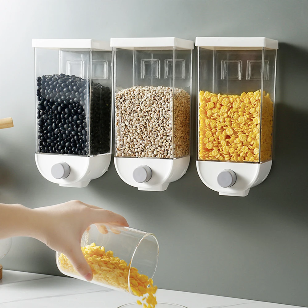 1000/1500ML Dry Food Dispenser Wall mounted Cereal Rice Dispenser 25 pounds Kitchen Storage Box with Measuring Cup