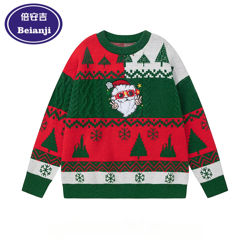 Beianji Christmas sweater fashion brand hiphop color contrast couples winter niche lazy loose crewneck men's knitwear  2024