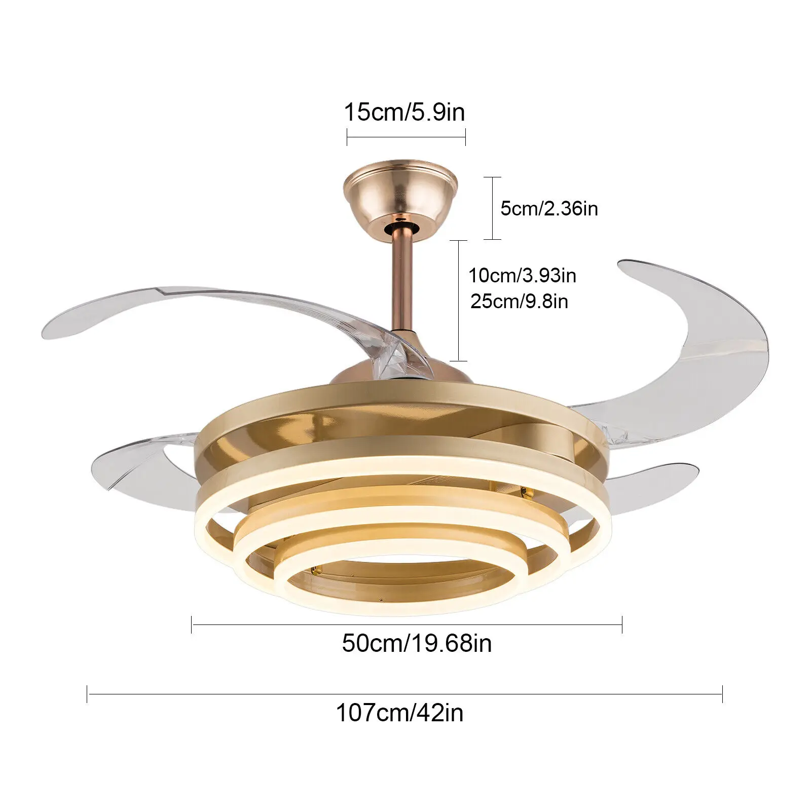 42" Modern Gold Chandelier Ceiling Fan Light Invisible Dimmable Blade LED with Remote Control for Living Room Bedroom Foyer
