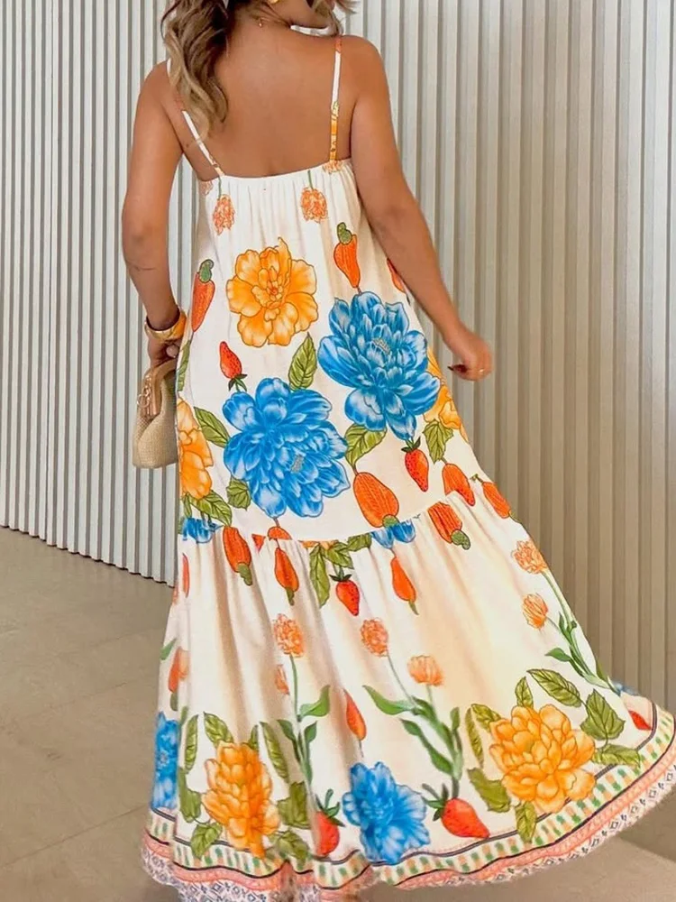 Vestido de fiesta elegante con tirantes finos para mujer, vestido largo con estampado de almazuela y cuello cuadrado, vestido sencillo sin mangas para mujer 2025