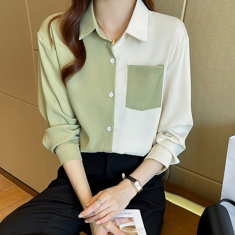 Women Spring Simplicity Loose Fashion Color Blocking Turn-down Collar Long Sleeve Shirts Women Clothes Casual All-match Tops