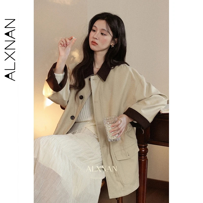 ALXNAN カーキトレンチコート女性ブロックカラーカジュアルルーズフィットウインドブレーカー 2025 秋冬ミッドレングストレンチコート女性 L57723