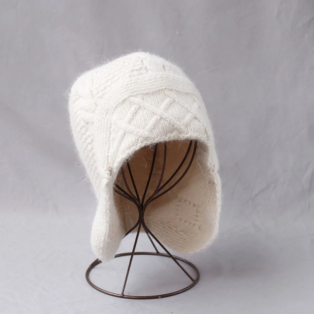 

Winter Bomber Hat Earflap Women Angora Knit Beanie Autumn Warm Accessory For Skiing Outdoor Sports Cycling