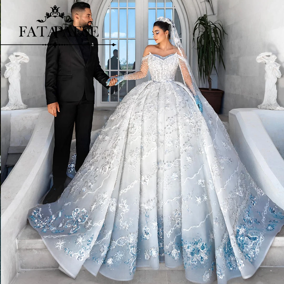 

FATAPAESE Glitter Wedding Dress Off-shoulderGitter Beaded Pearl Crystals Bodice Bridal Gown Cathedral Tail Bride Ball Gown