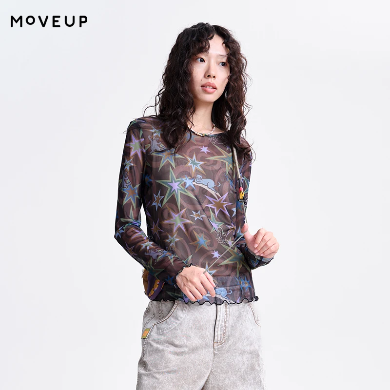 MOVEUP Long-Sleeved Crew Neck Top, Spring 2026 New Geometric Print Mesh Ruffled Hem Personalized Casual Top For Women  3ELC10535
