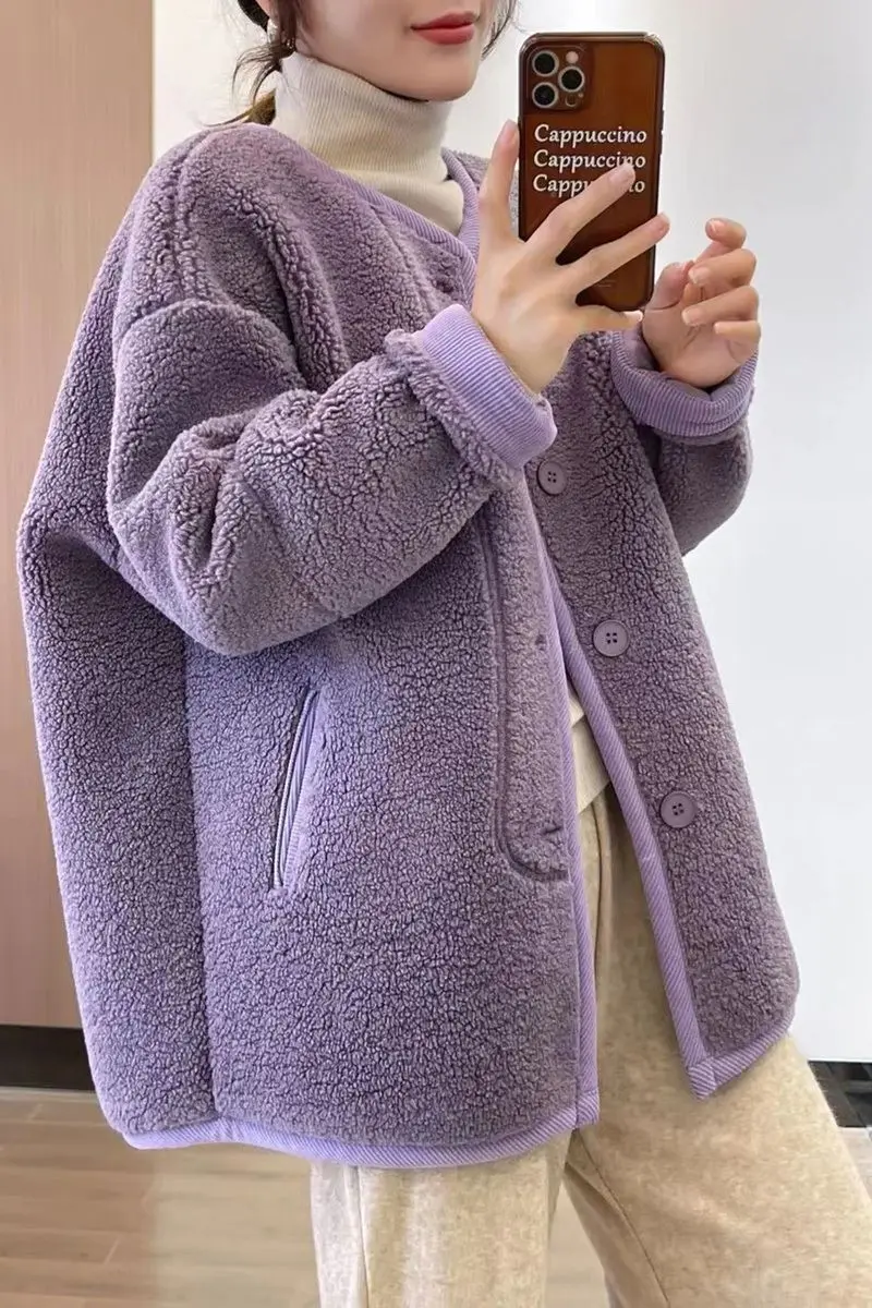 Lilac Purple Shearling Jacket Women 2024 Winter Korean Oversized Plush Coat Patchwork Fleece Loungewear Casual Chic Outerwear