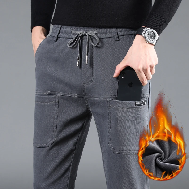 

Winter Warm Casual Pants Men's Business Fleece Straight Trousers Male Classic Dark Gray Black Pants Oversize Men Clothing