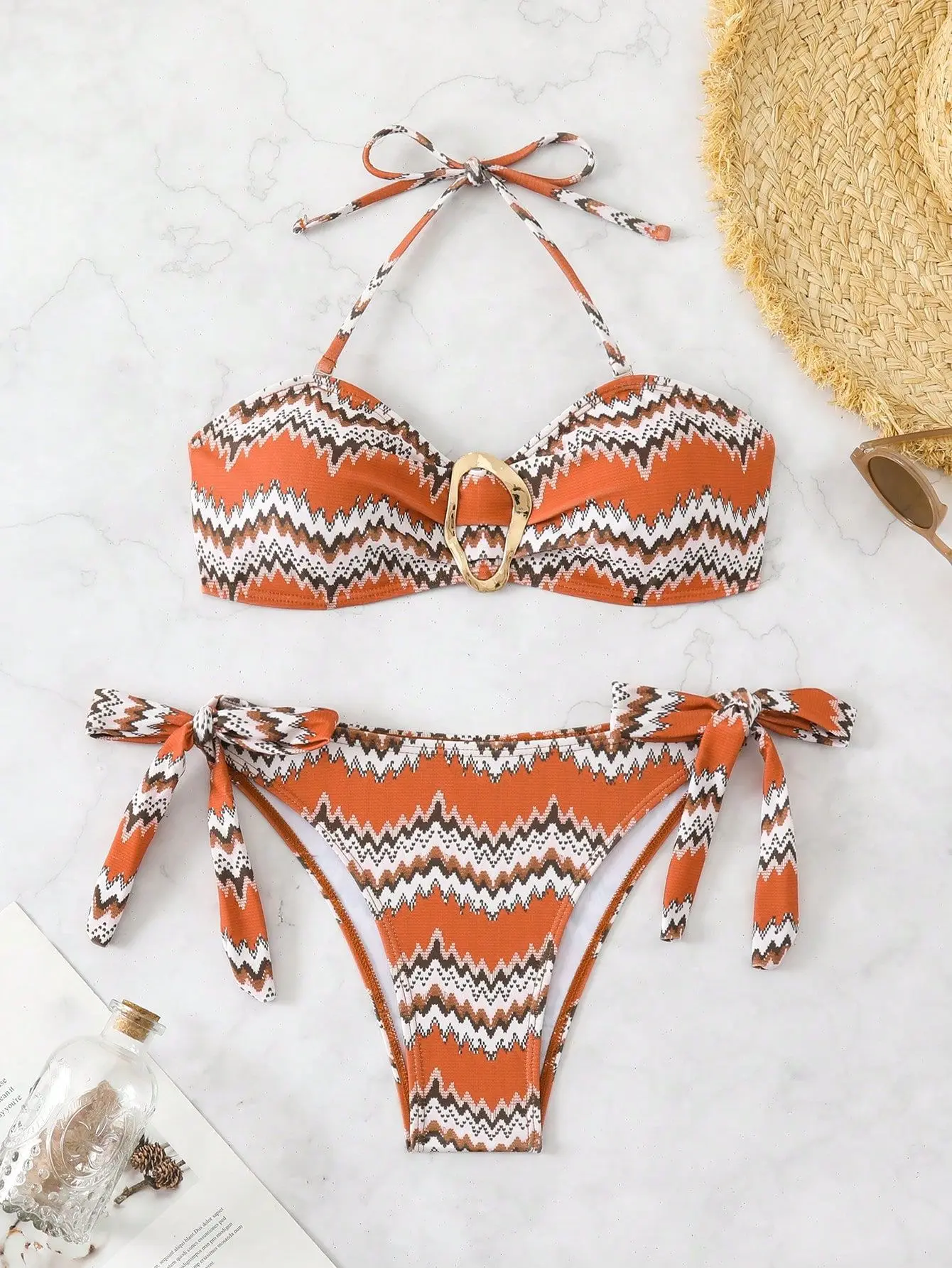 sexy vintage wave print metal ring bikinis sets two pieces tie bow thong swimsuits bathing suit swimwear biquini tankini trikini