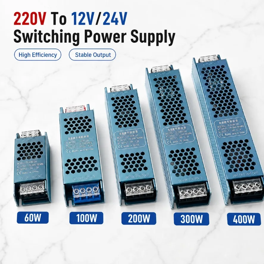 AC220V To DC12V 24V Slim Switching Power Supply 60W 100W 200W 300W 400W LED Driver Transformer for COB LED Strip Light Lighting