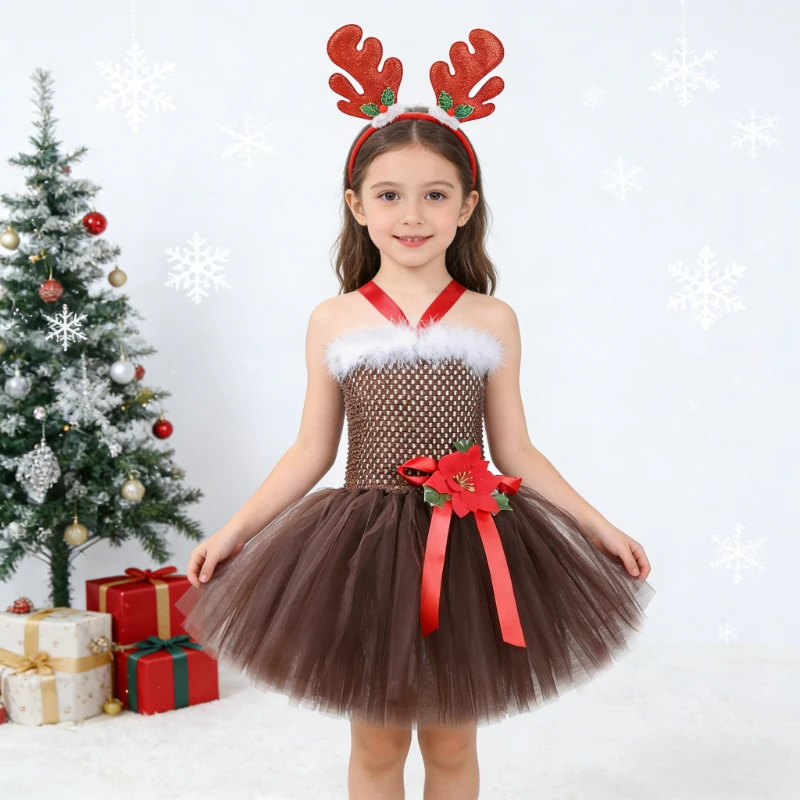 Christmas Deer Tutu Dress for Girls Santa Claus Princess Dresses Children Xmas New Year Outfits for Kids Girl Reindeer Costumes