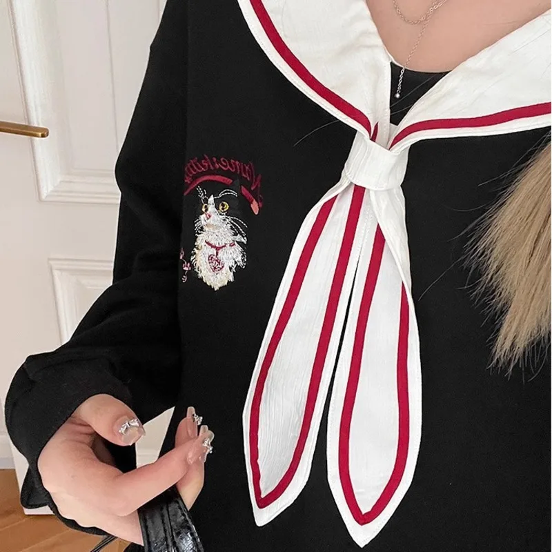 Japanese Preppy Style Cute Women Sweatshirt Cartoon Cat Embroidery Hoodies Long Sleeve Sailor Collar Sweet School Girl Pullovers