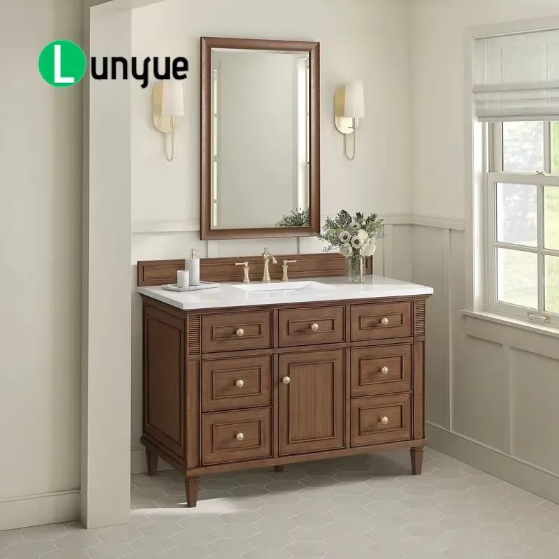 Custom Mid-century Walnut Bathroom Vanity Solid Wood Classical Style Cabinet with Quartz Countertop 48 Inch Single Ceramic