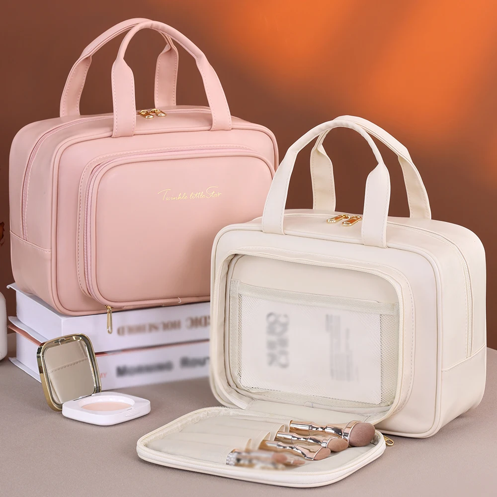 Bolsa de cosméticos de grande capacidade em PU, organizador de maquiagem portátil, opções para viagens e uso diário, armazenamento de cosméticos e pro