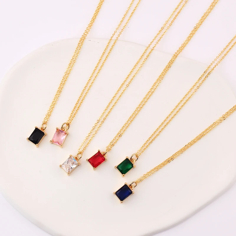 1pc Blue/Black/Red/Green/Pink Square CZ Necklace for Women Gold Plated Pendant Necklace Good Quality Fashion Jewelry